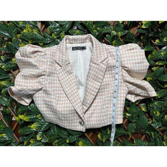 BLITHE LA Pink White Houndstooth Puffy Shoulder Cropped Blazer Top Size S - Picture 7 of 7